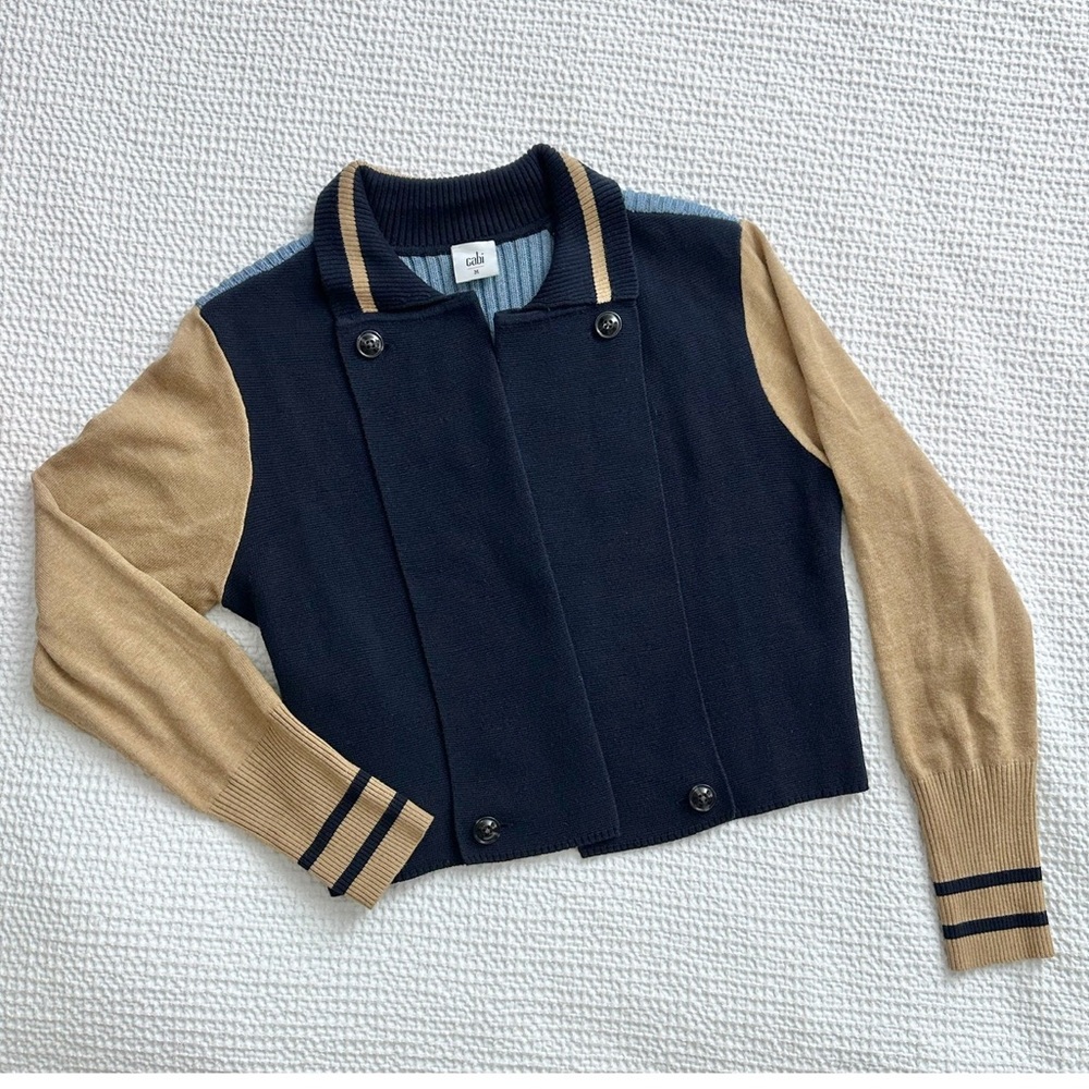 CABI Turn Back Cardigan Sweater Preppy Ivy League‎ Blue Tan